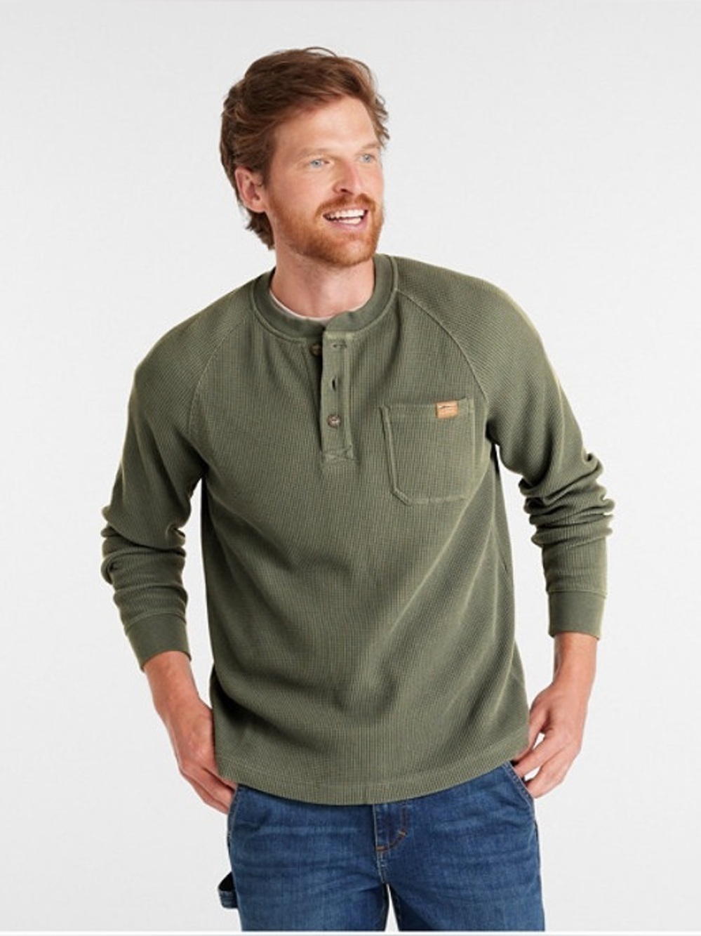 LL Bean Men's BeanBuilt Waffle Henley Shirt in Gold  hiking camping medium